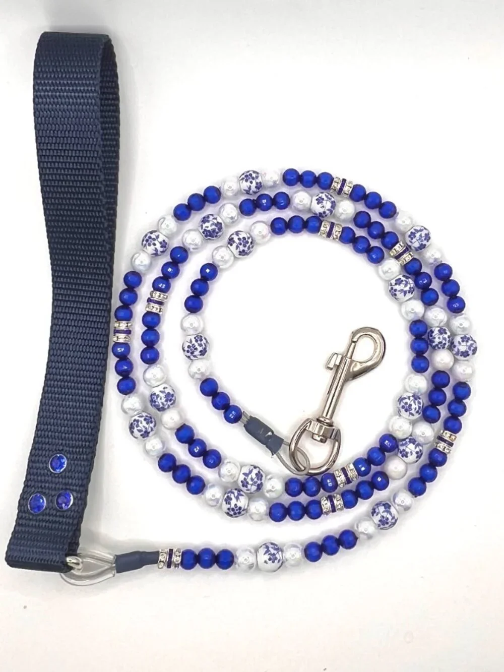 Beaded Luxe Blue & White Dog Leash - Handmade - One of a Kind